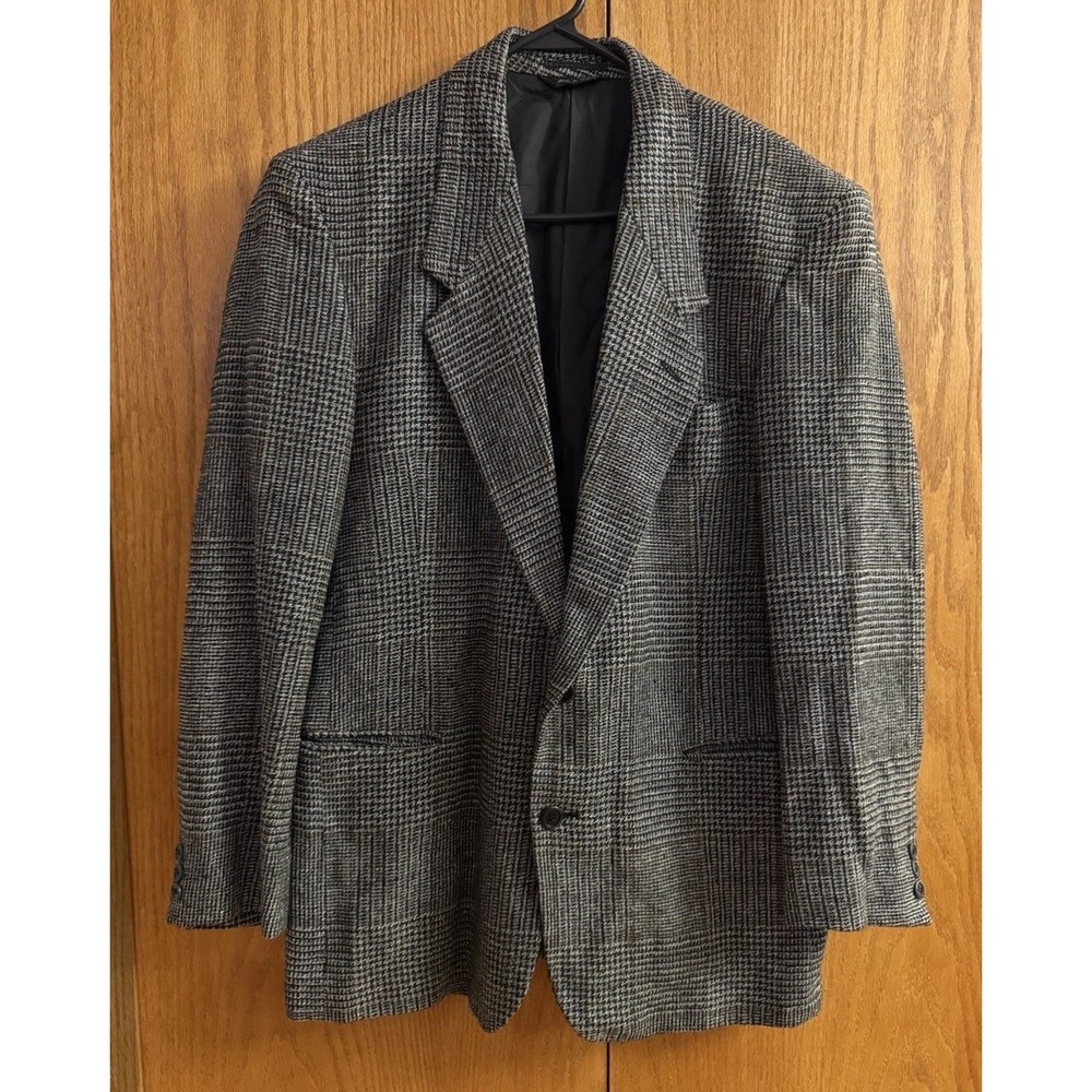VTG London Square Blazer M Black White Glen Plaid Check 100% Silk 41 Inch Chest
